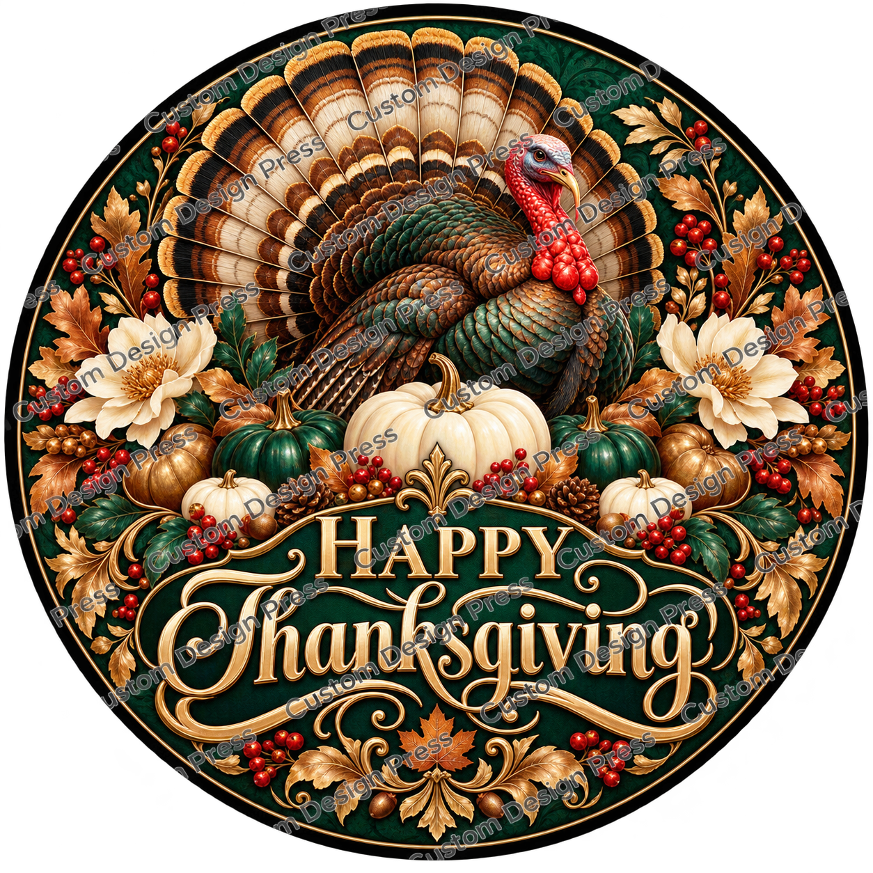 Happy Thanksgiving Ornate Turkey Wreath Center Round