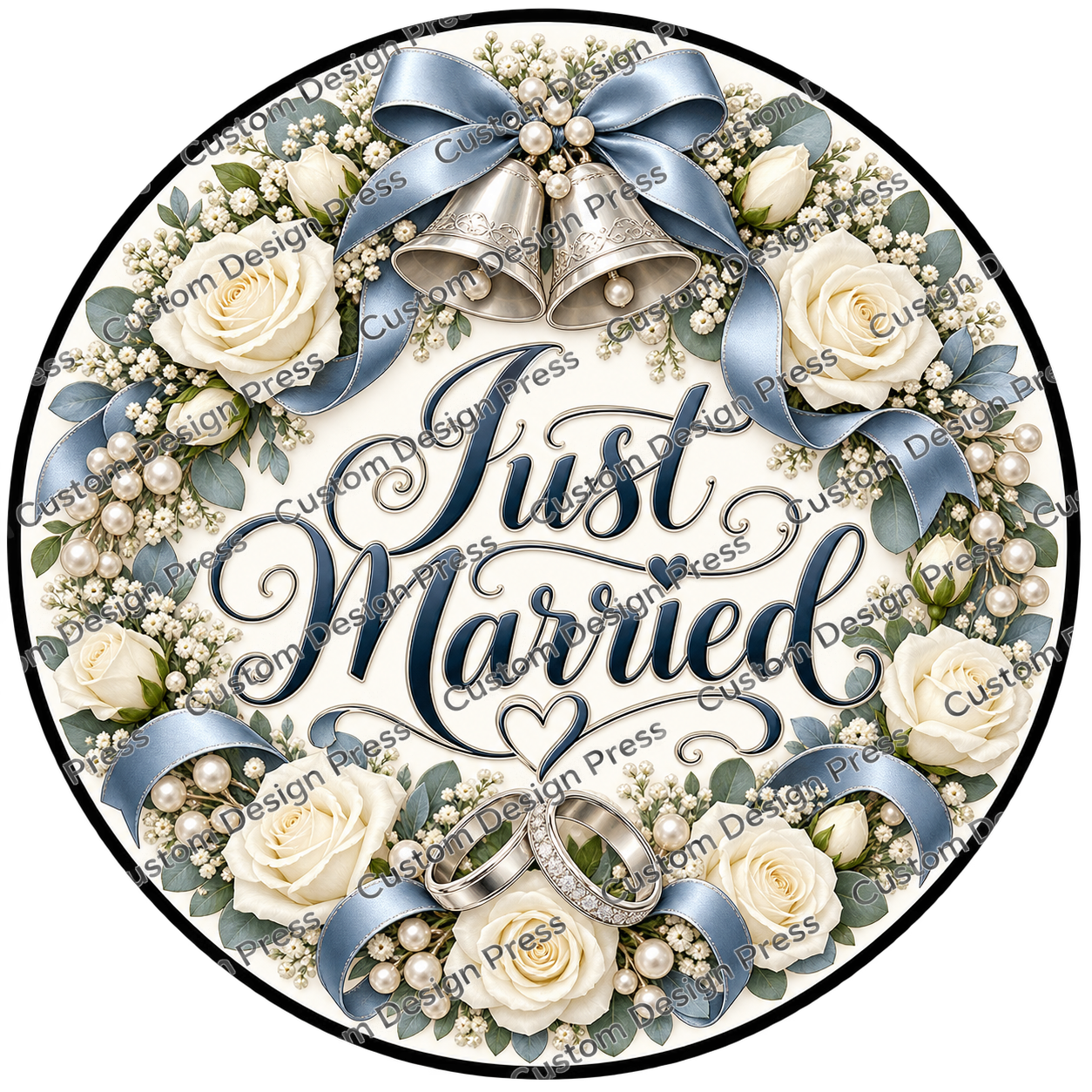Just Married White Roses and Bells Wreath Center Round