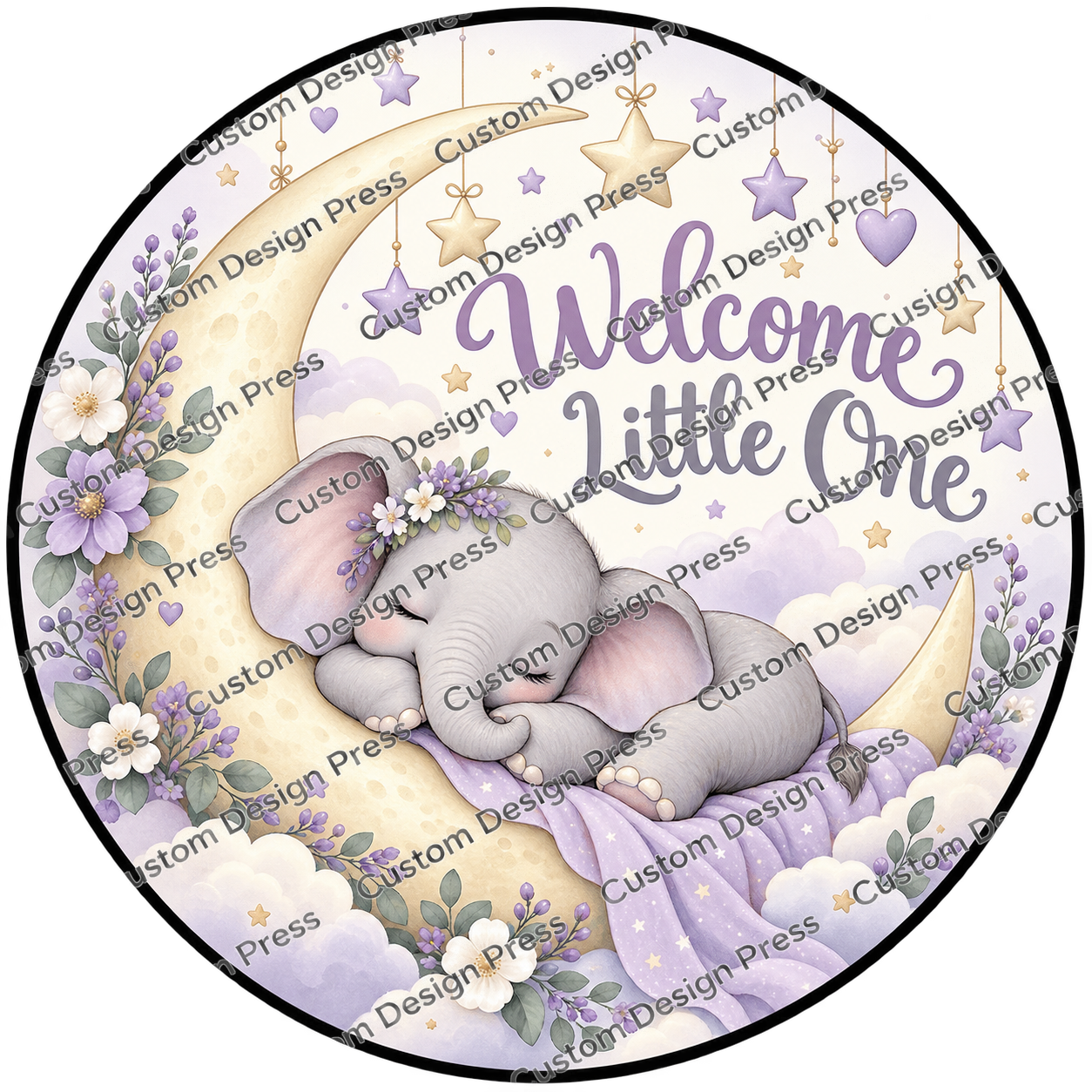 Welcome Little One Baby Elephant Wreath Center Round