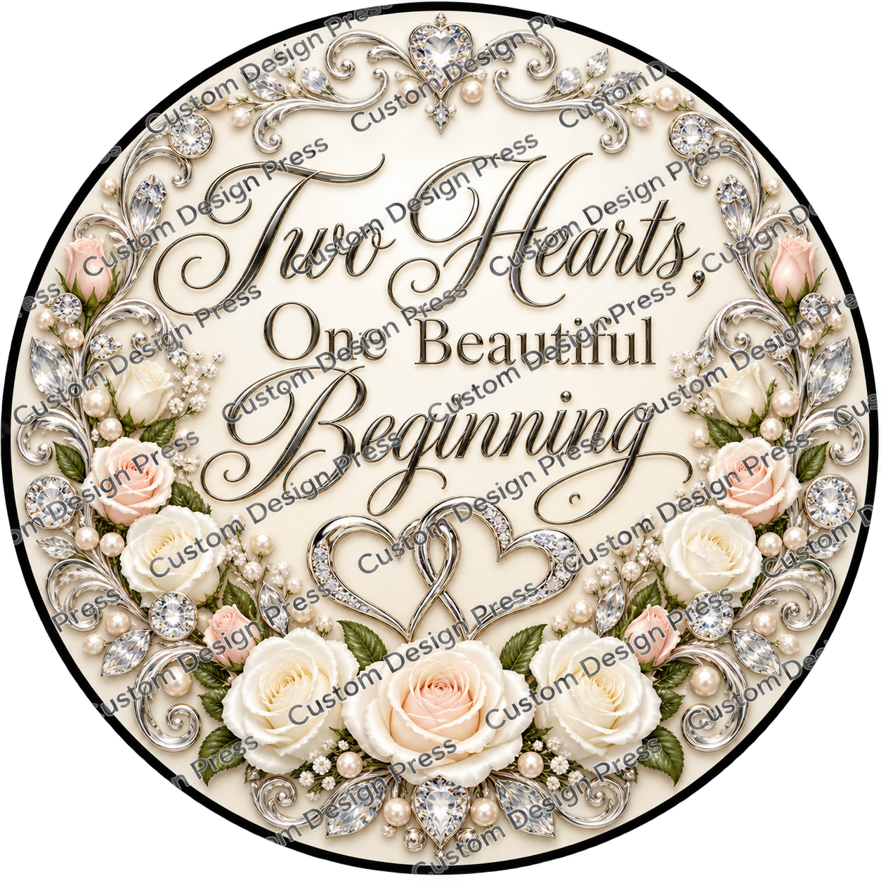 Two Hearts One Beautiful Beginning Ivory Wreath Center Round