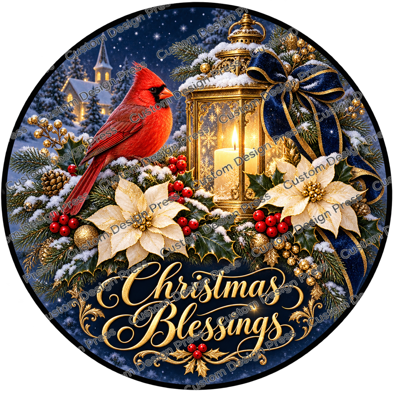 Christmas Blessings Cardinal Lantern Navy Wreath Center Round