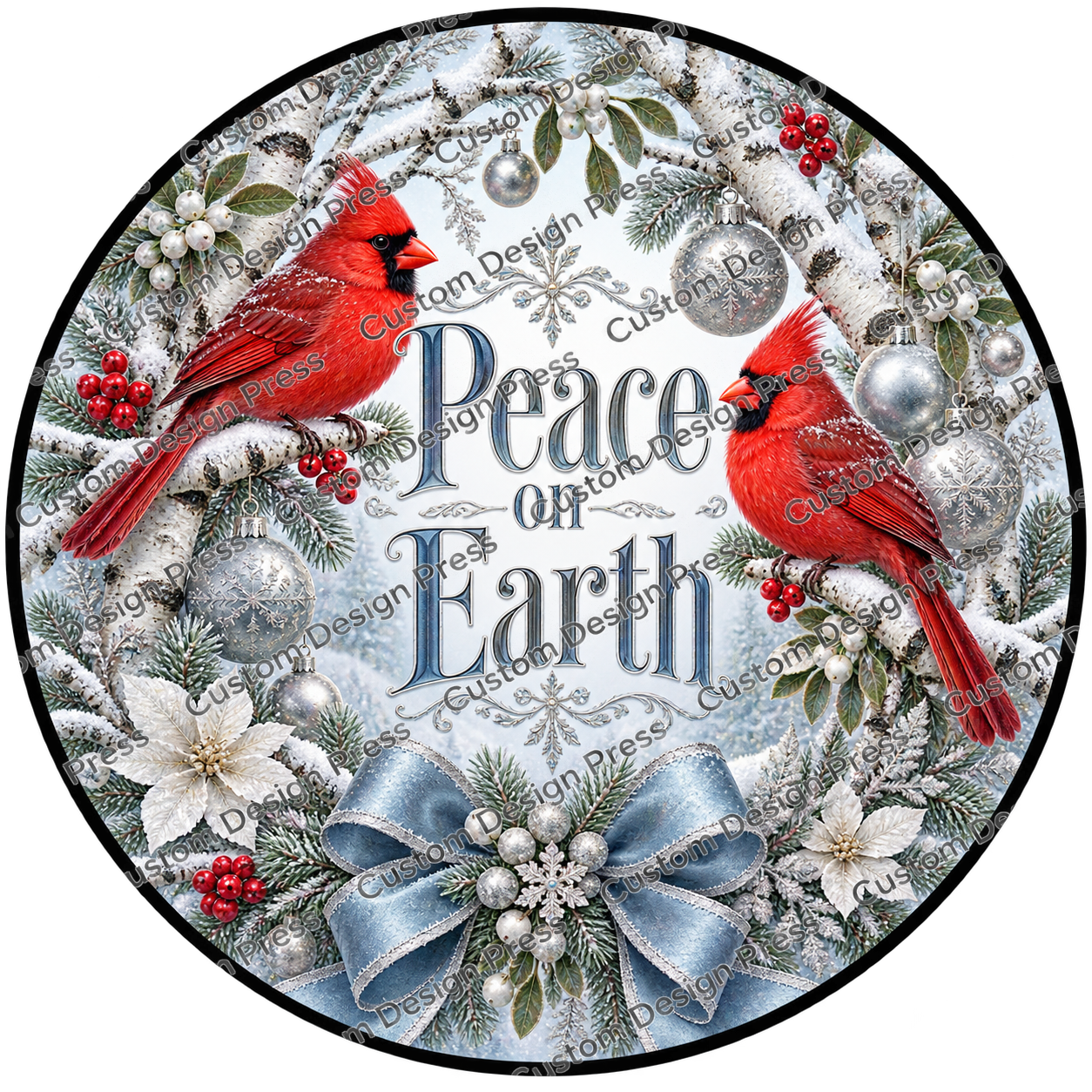 Peace on Earth Cardinals Silver Blue Wreath Center Round