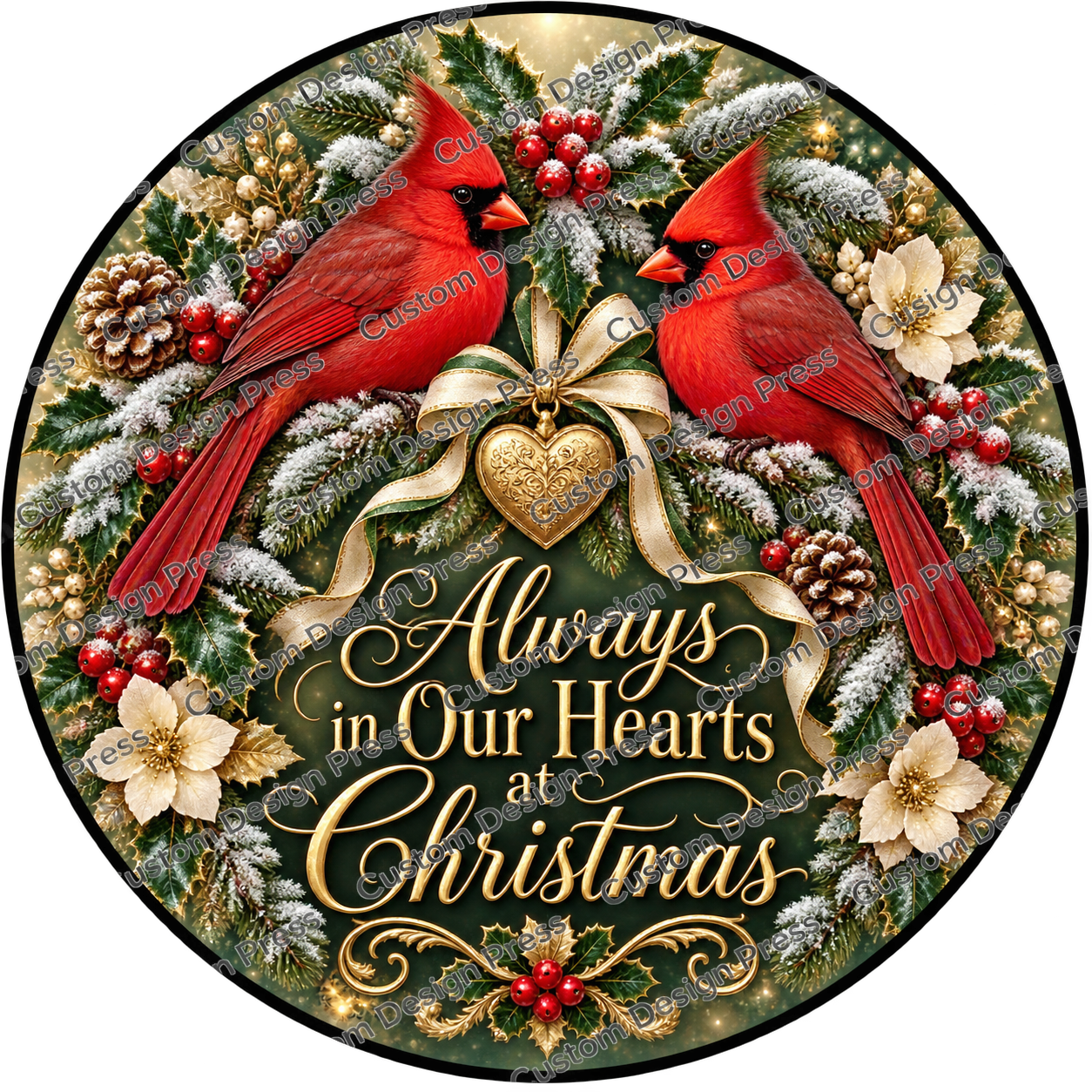 Always in Our Hearts at Christmas Cardinals Wreath Center Round