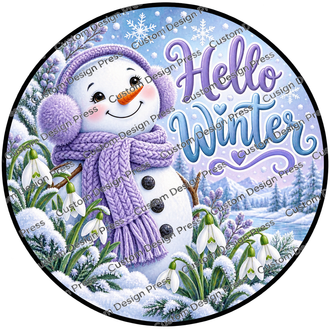 Hello Winter Snowman and Snowdrops Wreath Center Round