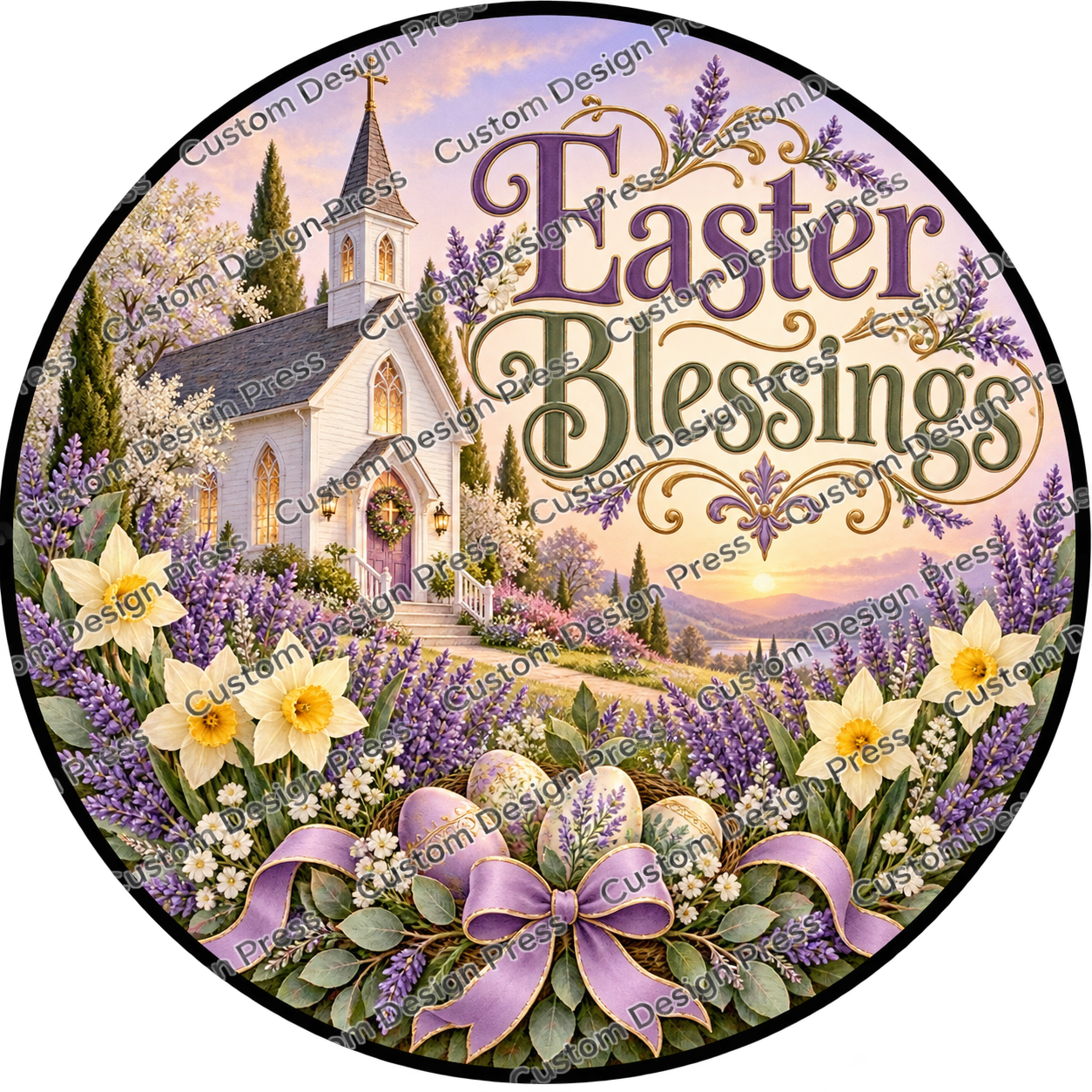 Easter Blessings Lavender Chapel Wreath Center Round