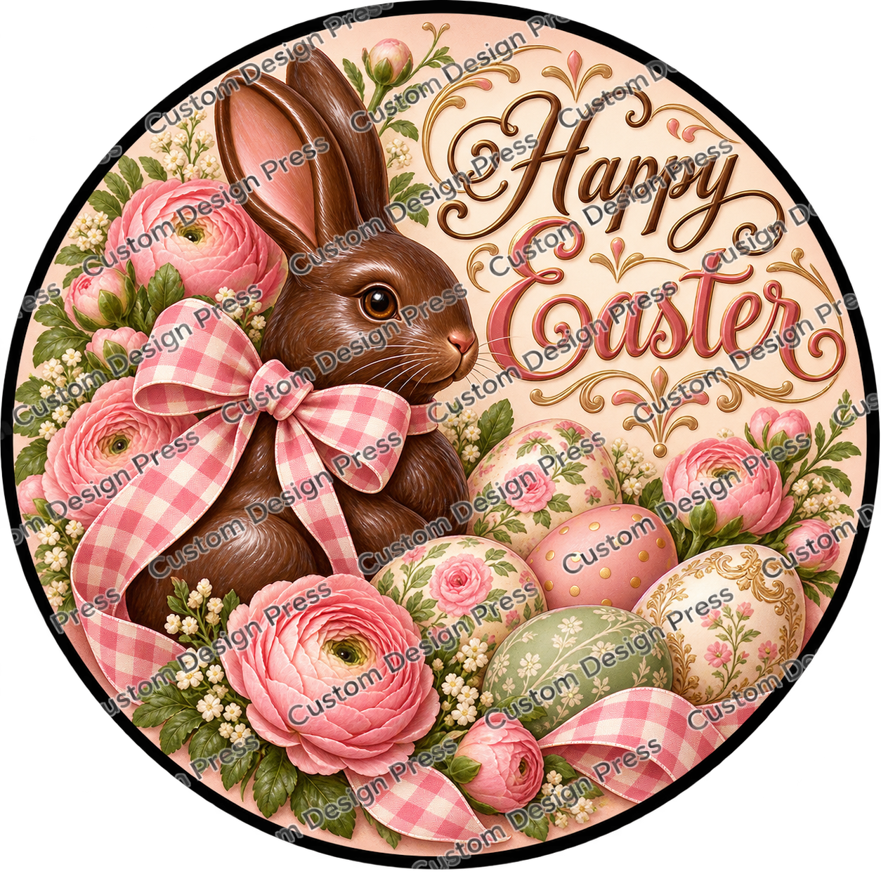 Happy Easter Chocolate Bunny and Painted Eggs Wreath Center Round