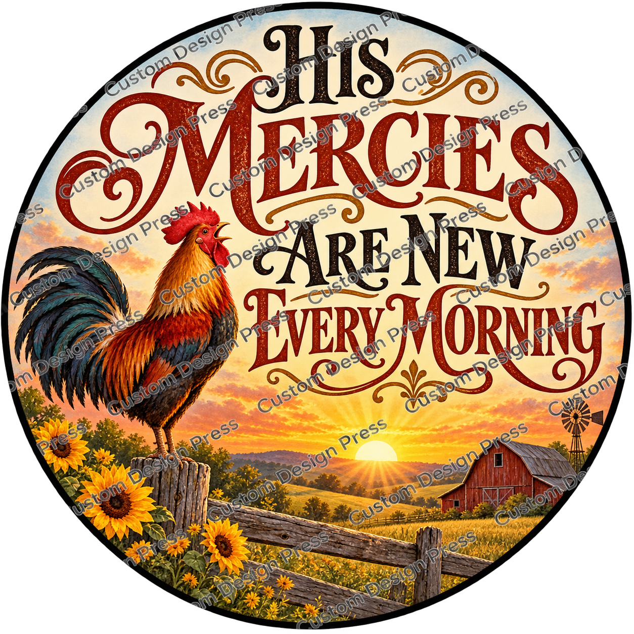 His Mercies Are New Every Morning Rooster Wreath Center Round