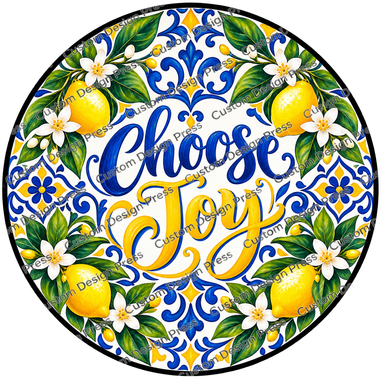 Choose Joy Blue Tile and Lemons Wreath Center Round
