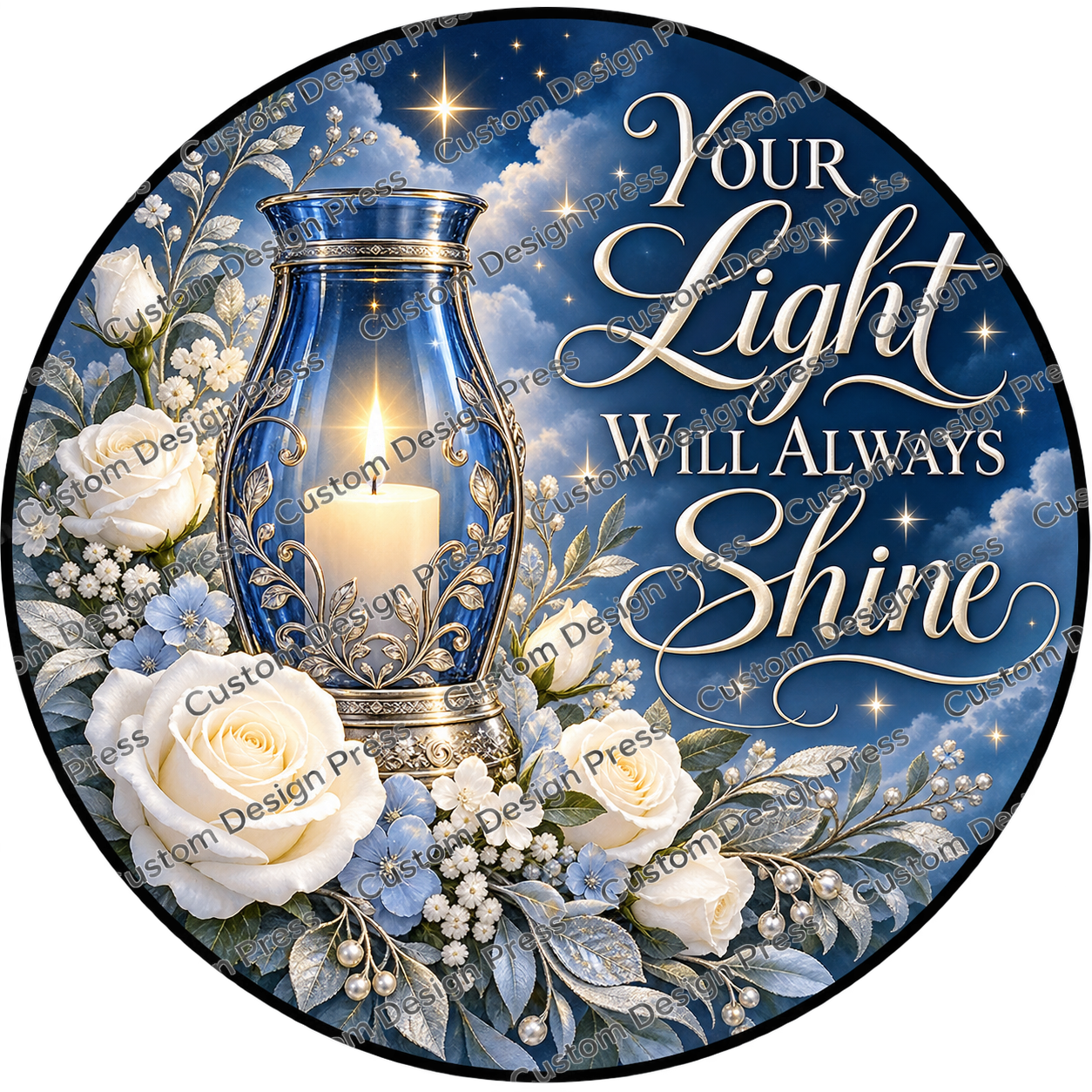 Your Light Will Always Shine Blue Lantern Wreath Center Round