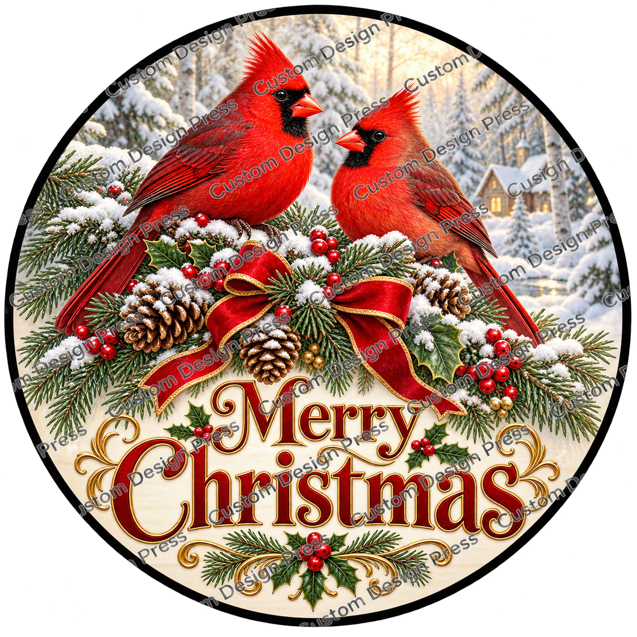 Merry Christmas Cardinal Pair Pinecones Wreath Center Round