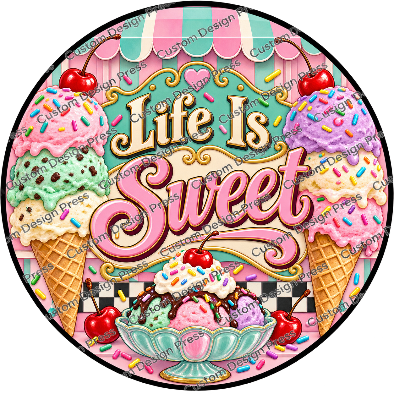Life Is Sweet Ice Cream Shop Wreath Center Round