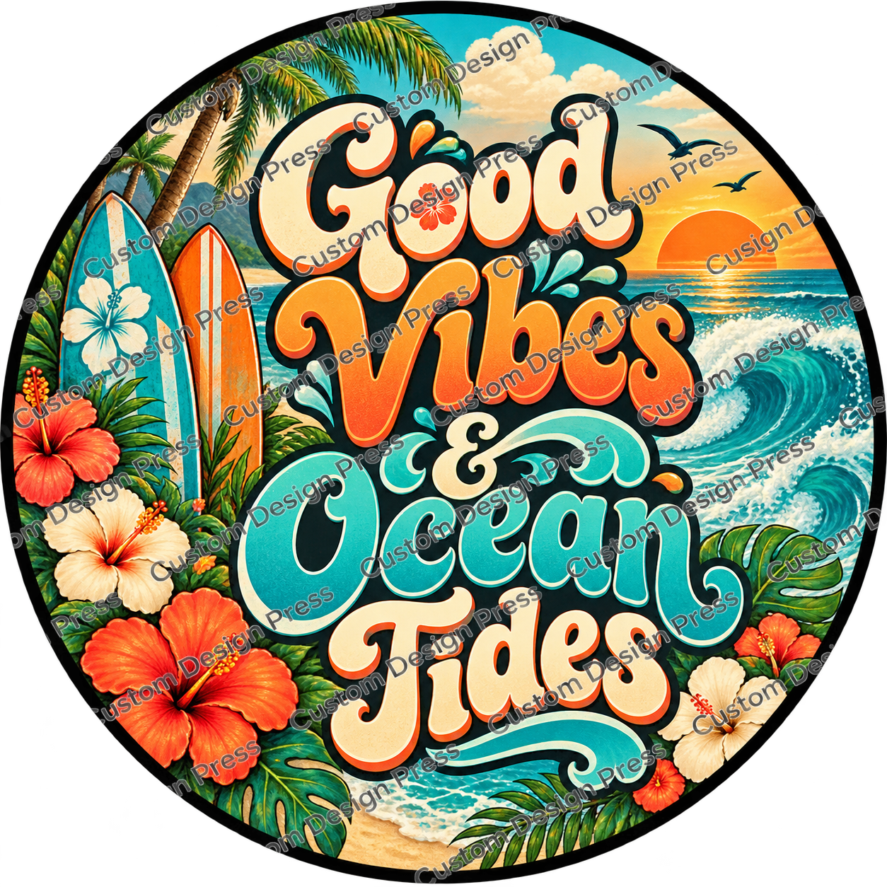 Good Vibes and Ocean Tides Retro Wreath Center Round
