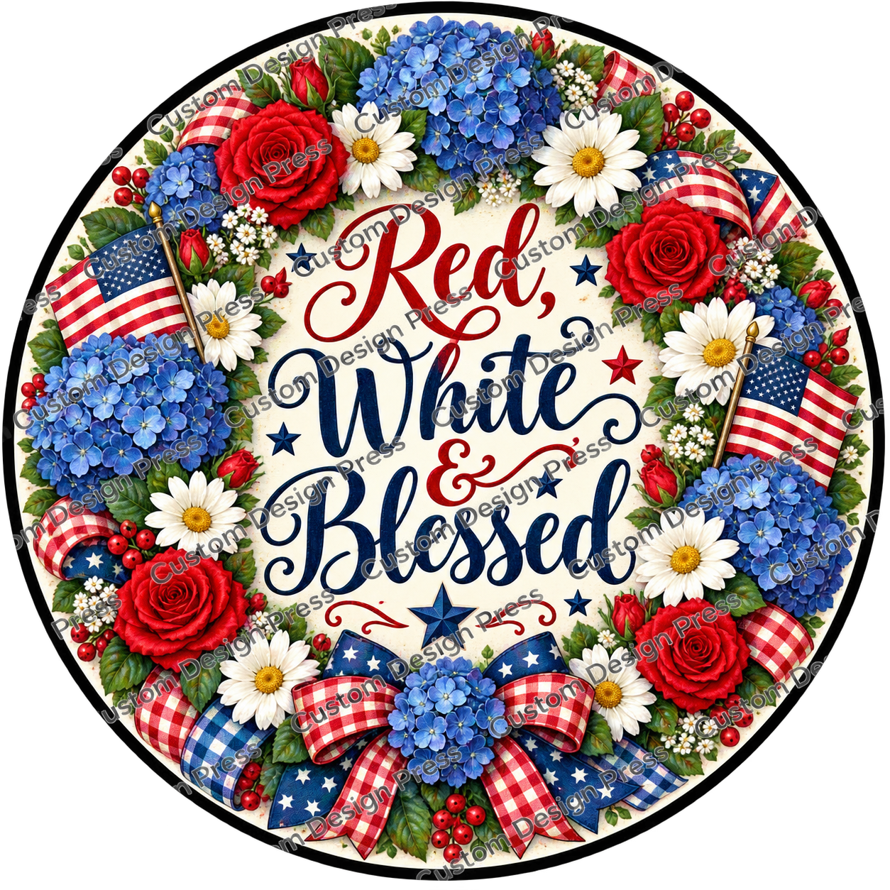 Red White and Blessed Hydrangeas Wreath Center Round