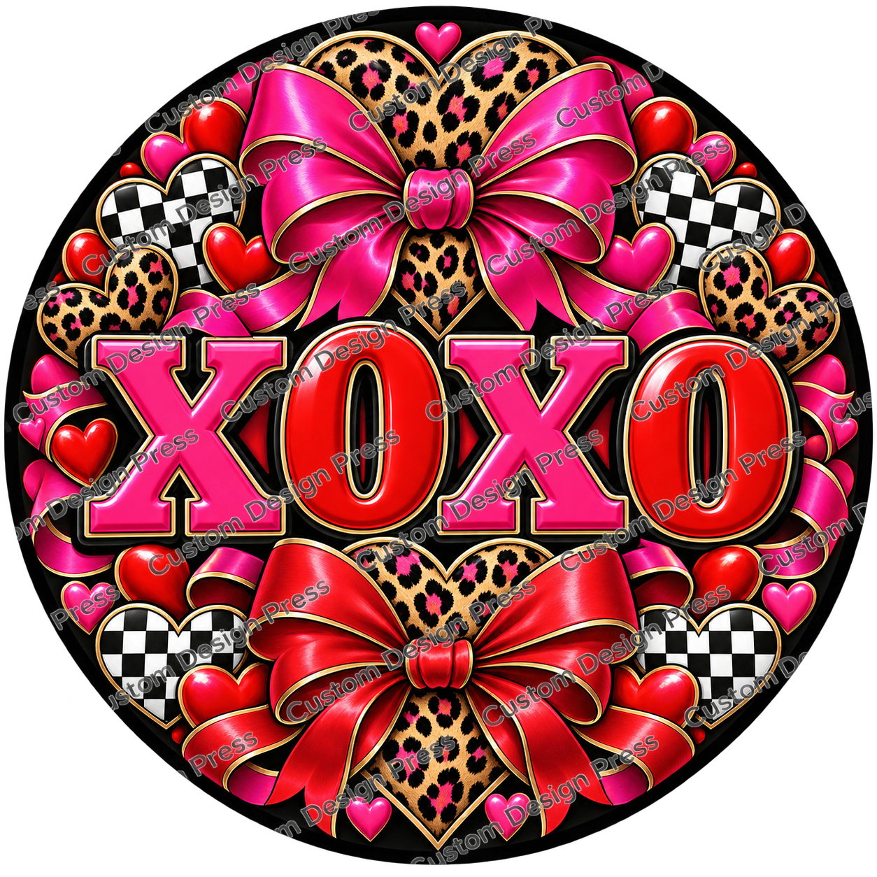 XOXO Pink Bows and Leopard Hearts Wreath Center Round