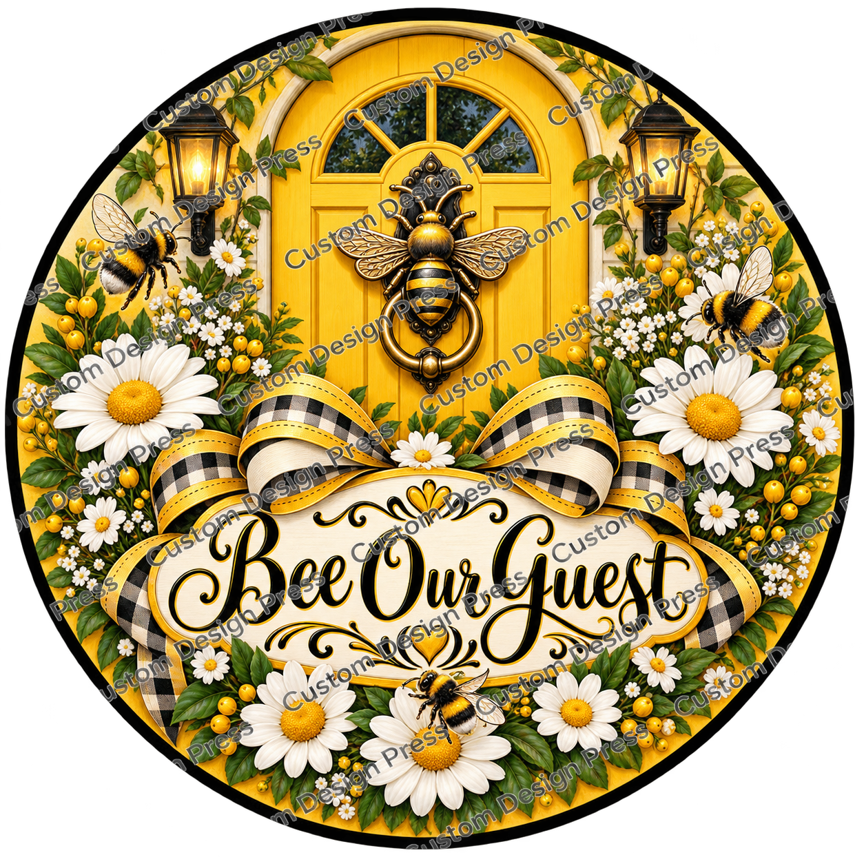 Bee Our Guest Yellow Door Wreath Center Round