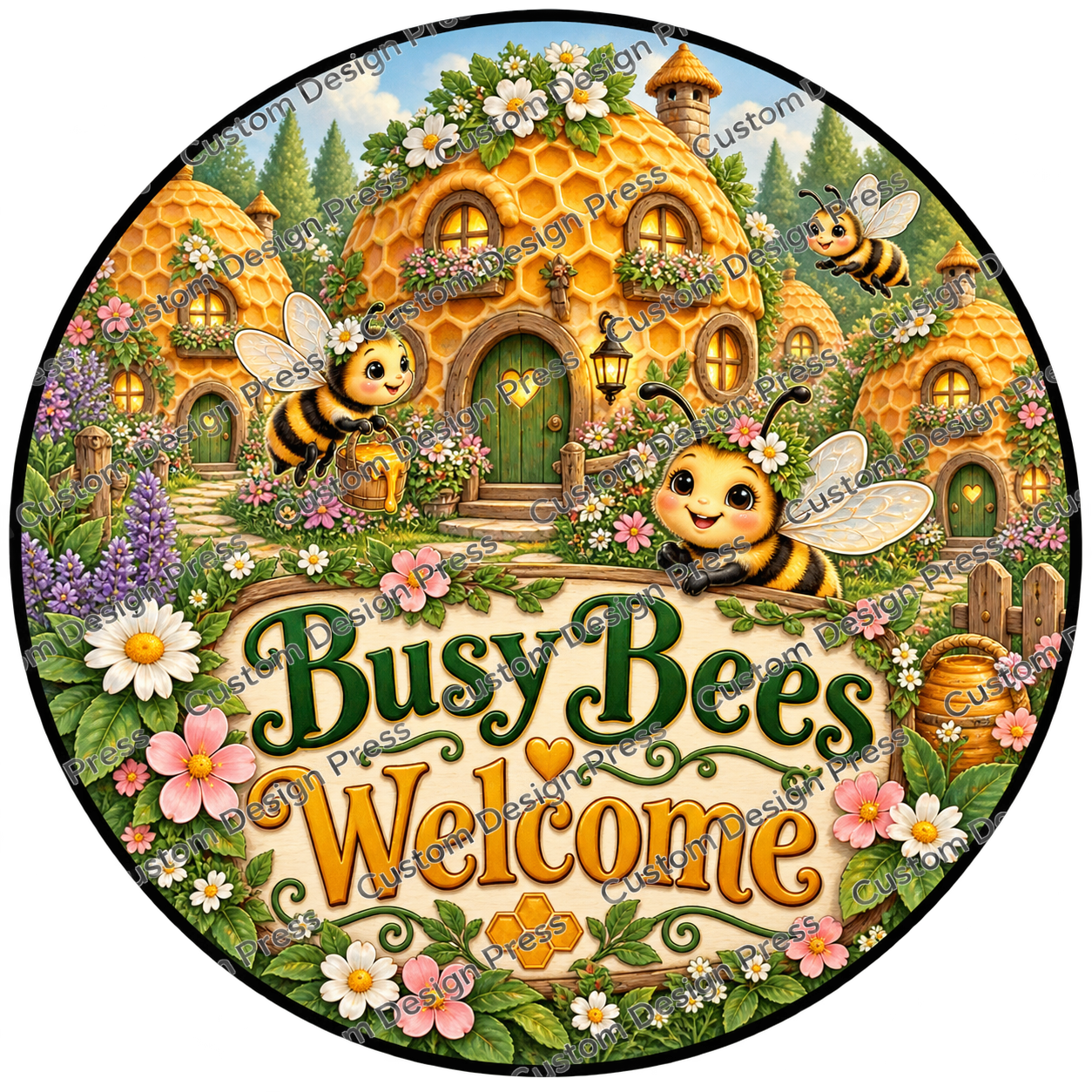Busy Bees Welcome Fairy Village Wreath Center Round