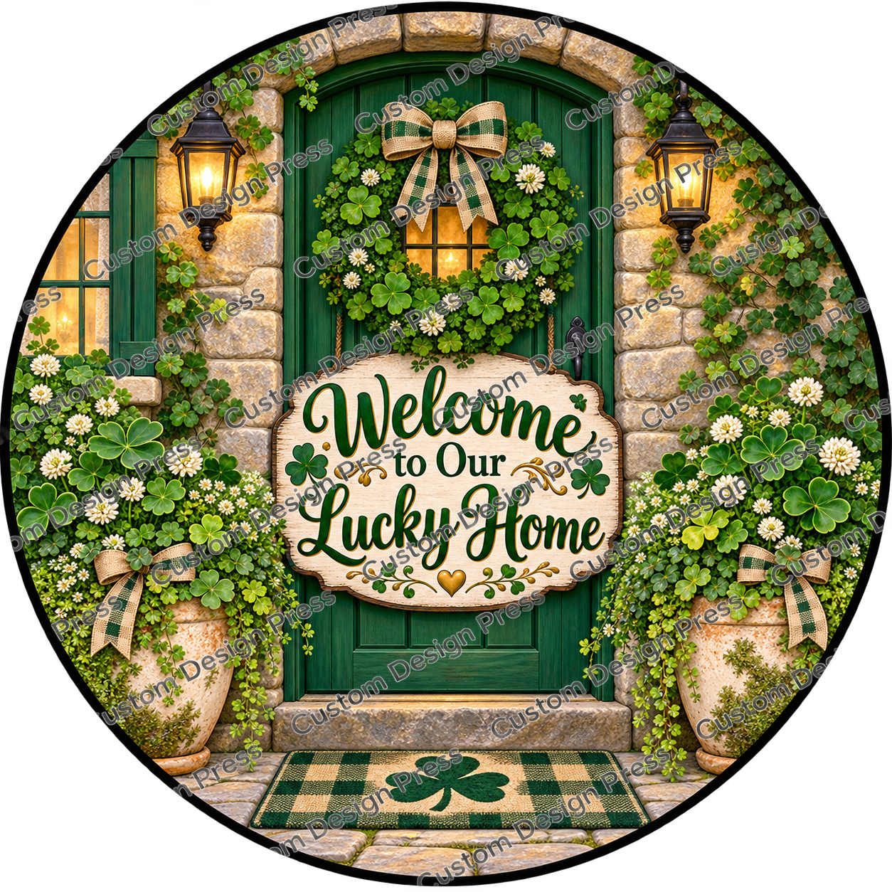 Welcome to Our Lucky Home Green Door Wreath Center Round