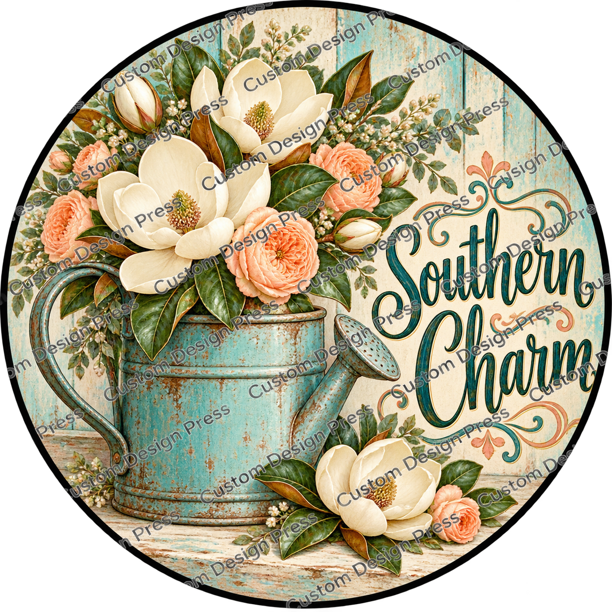 Southern Charm Magnolia Turquoise Bucket Wreath Center Round