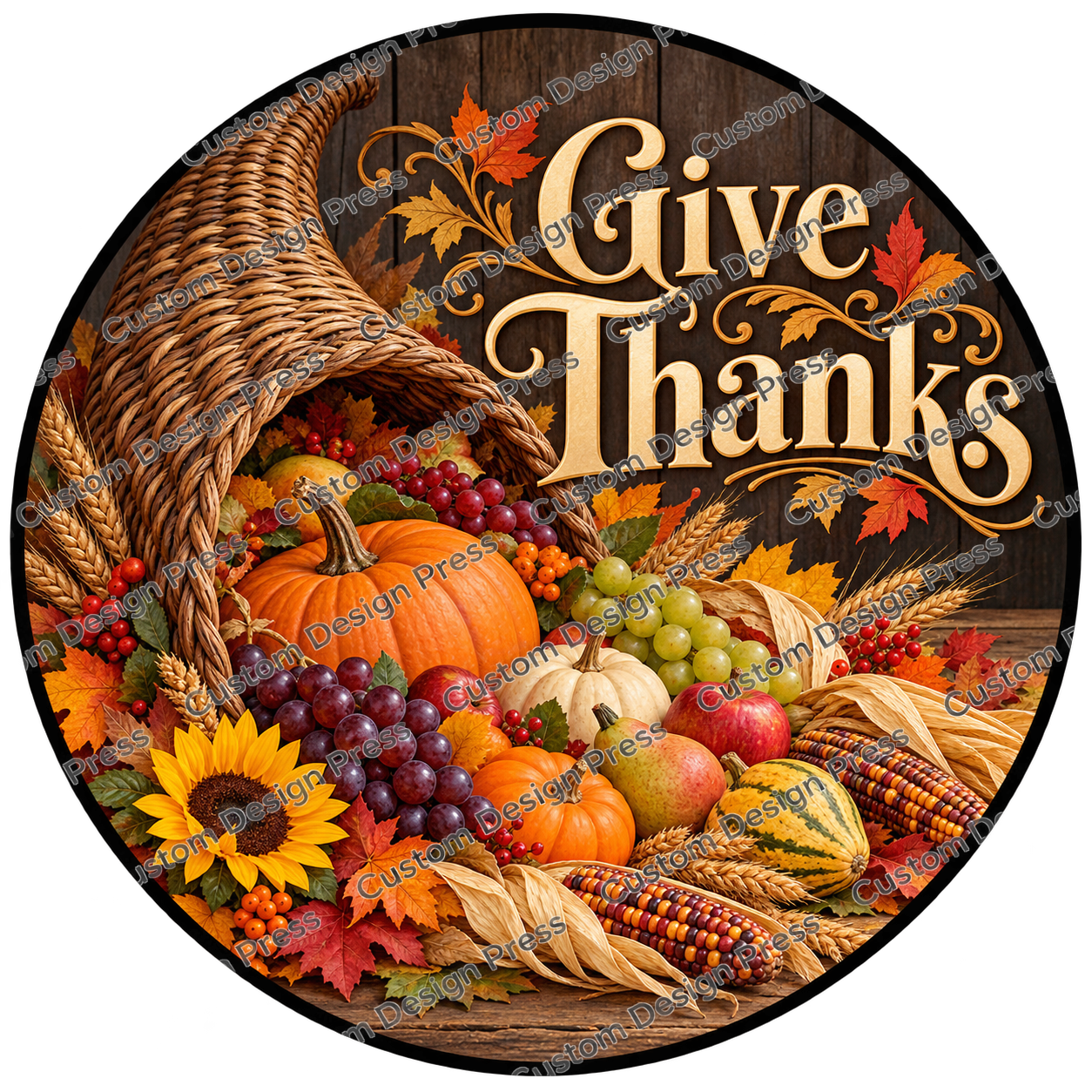 Give Thanks Harvest Cornucopia Wreath Center Round