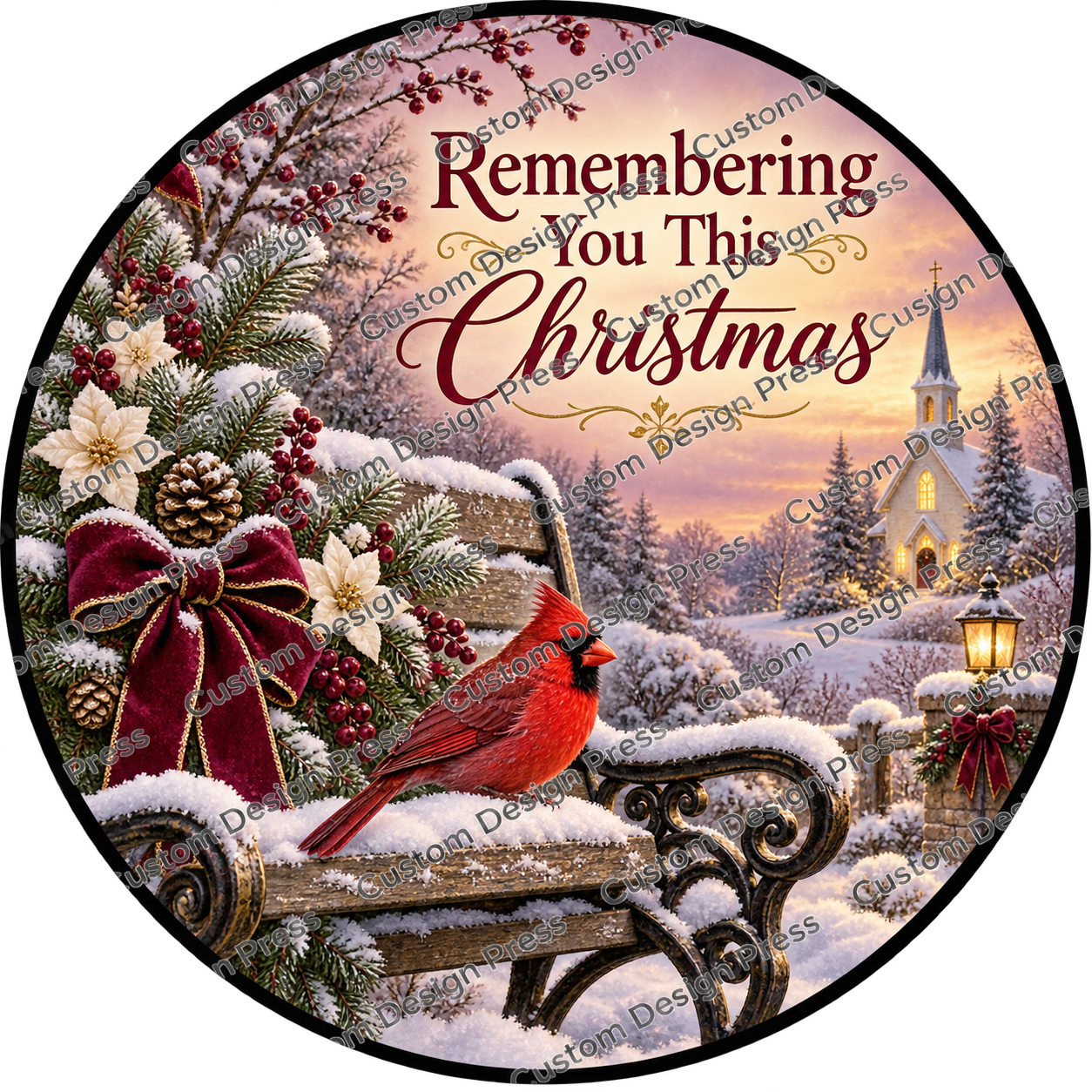 Remembering You This Christmas Cardinal Bench Wreath Center Round