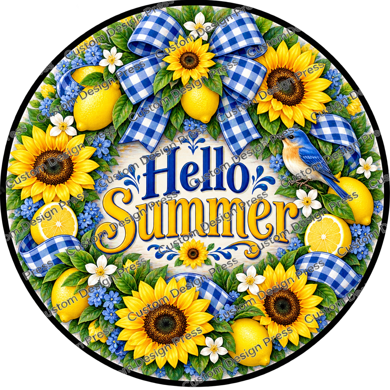 Hello Summer Sunflowers Lemons and Blue Gingham Wreath Center Round