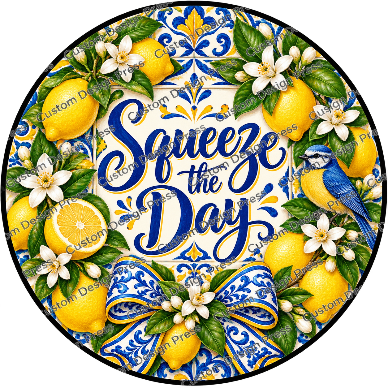 Squeeze the Day Lemon Blue Tile Wreath Center Round
