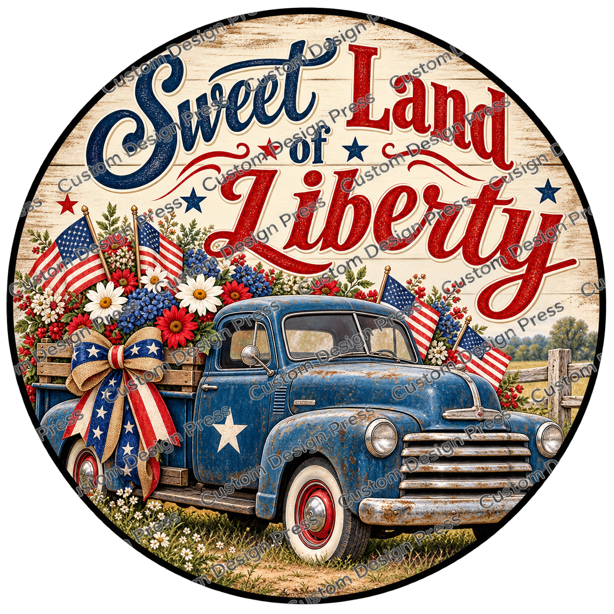 Sweet Land of Liberty Blue Truck Wreath Center Round