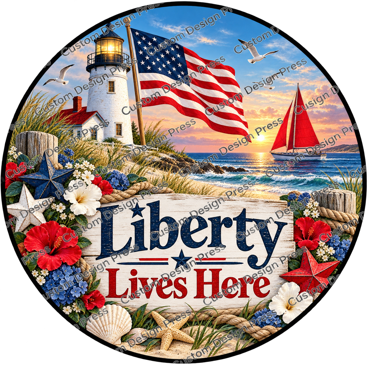 Liberty Lives Here Lighthouse Wreath Center Round