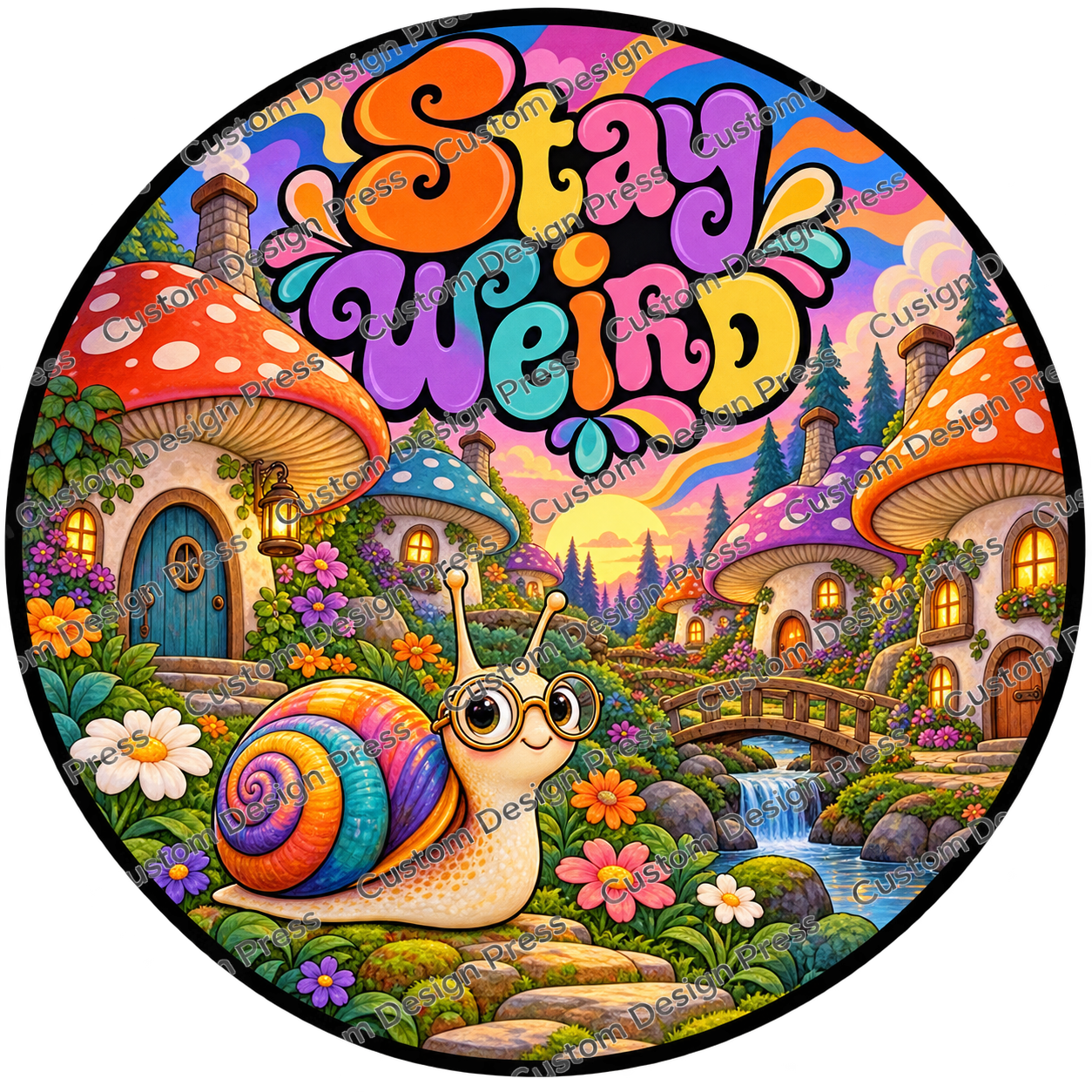 Stay Weird Snail Mushroom Village Wreath Center Round