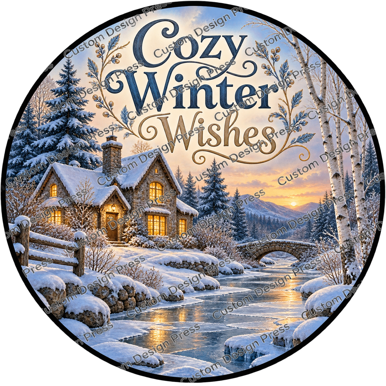 Cozy Winter Wishes Snowy Cottage Wreath Center Round