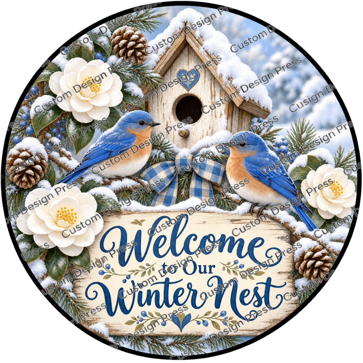 Welcome to Our Winter Nest Bluebirds Wreath Center Round