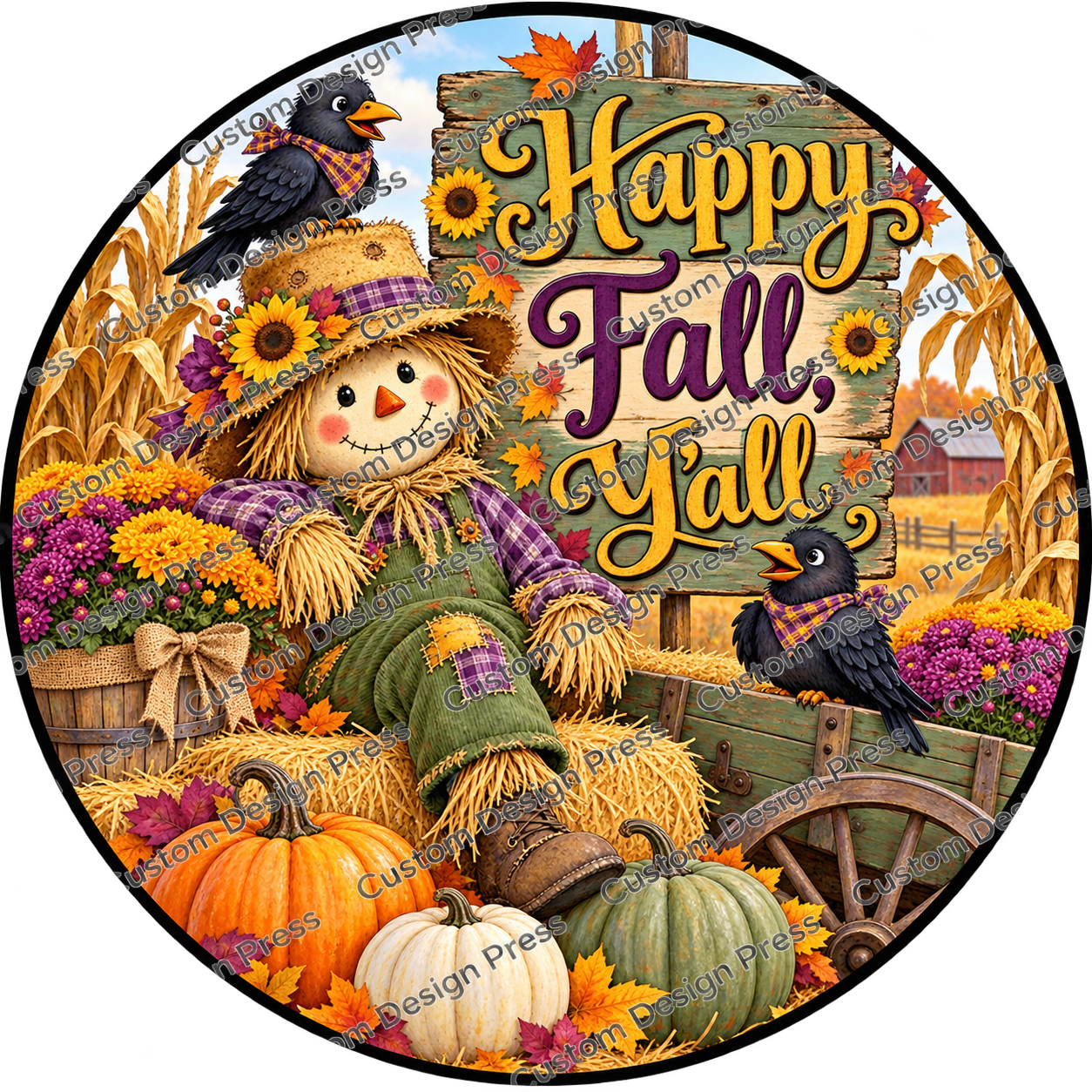 Happy Fall Yall Scarecrow Wreath Center Round