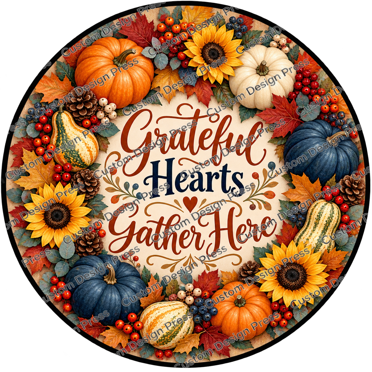 Grateful Hearts Gather Here Pumpkins Wreath Center Round