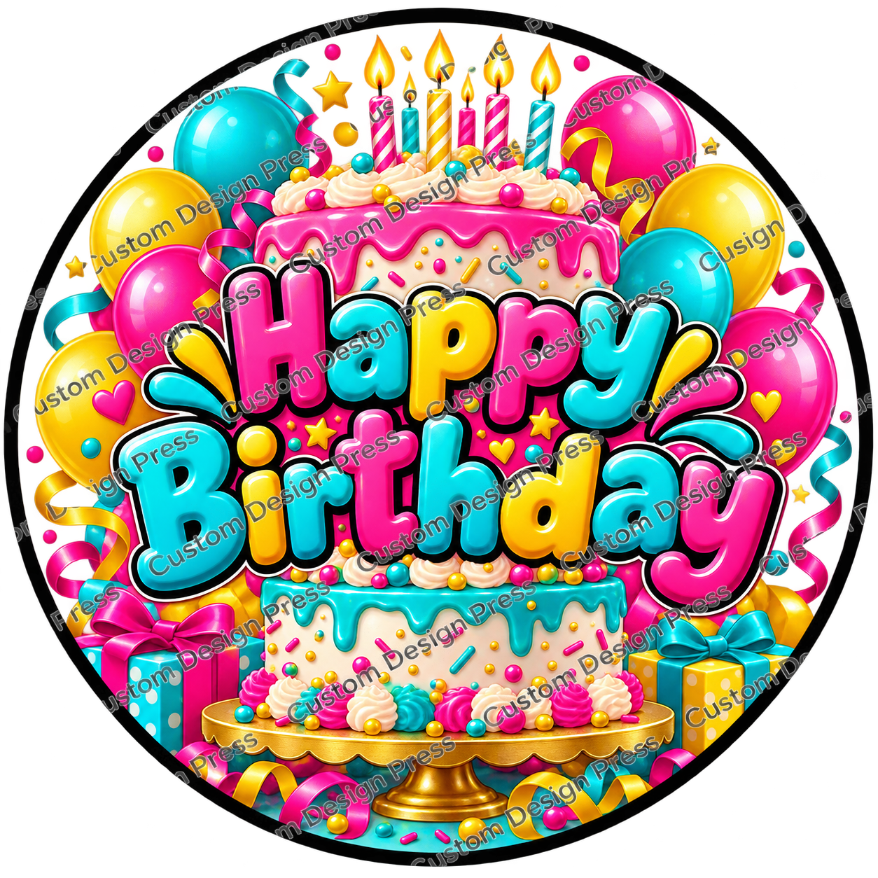 Happy Birthday Colorful Cake Wreath Center Round