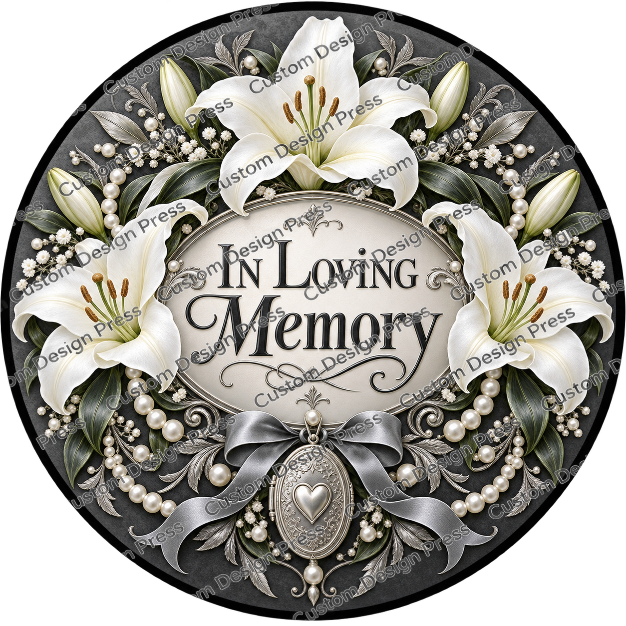 In Loving Memory Silver Lilies Wreath Center Round