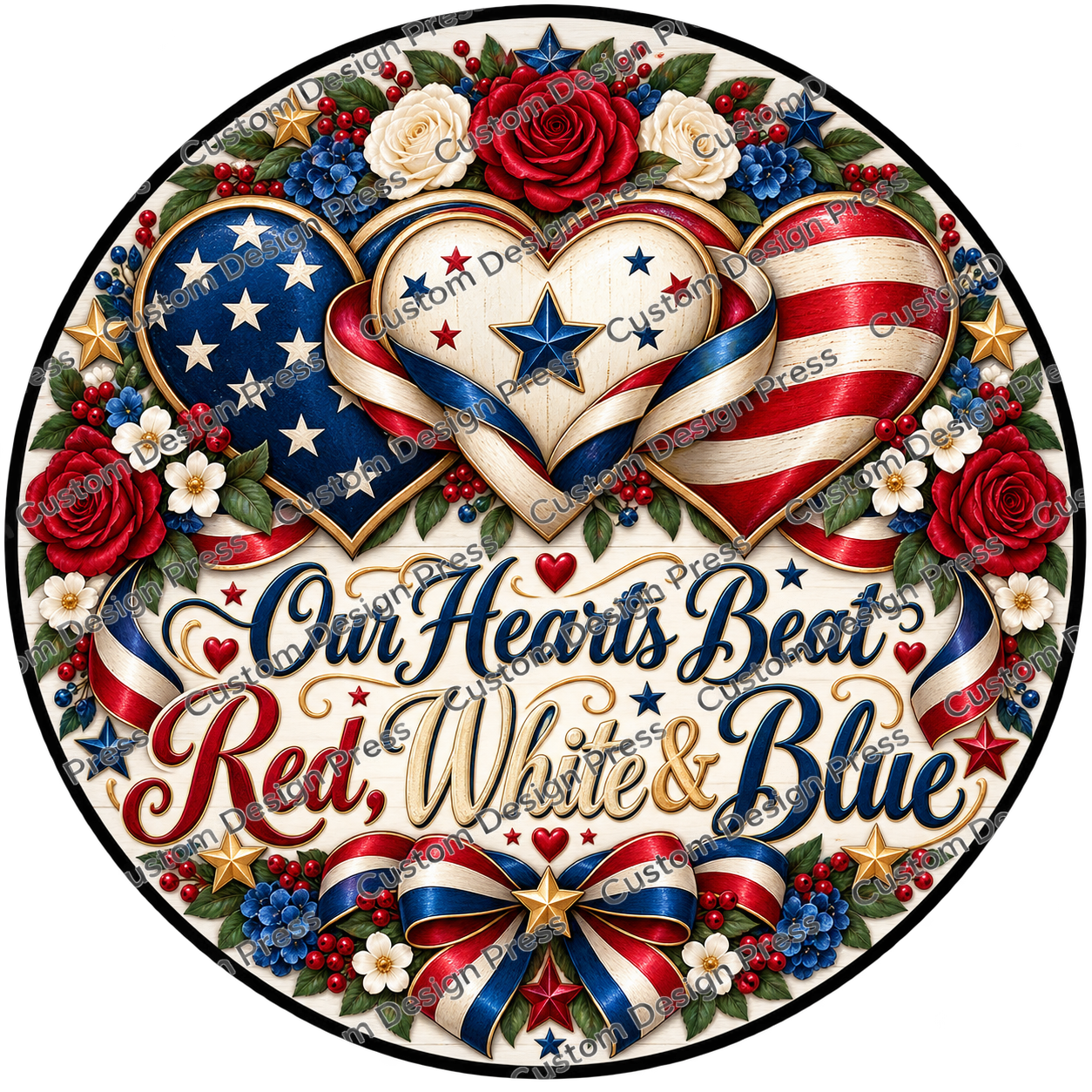 Our Hearts Beat Red White and Blue Wreath Center Round
