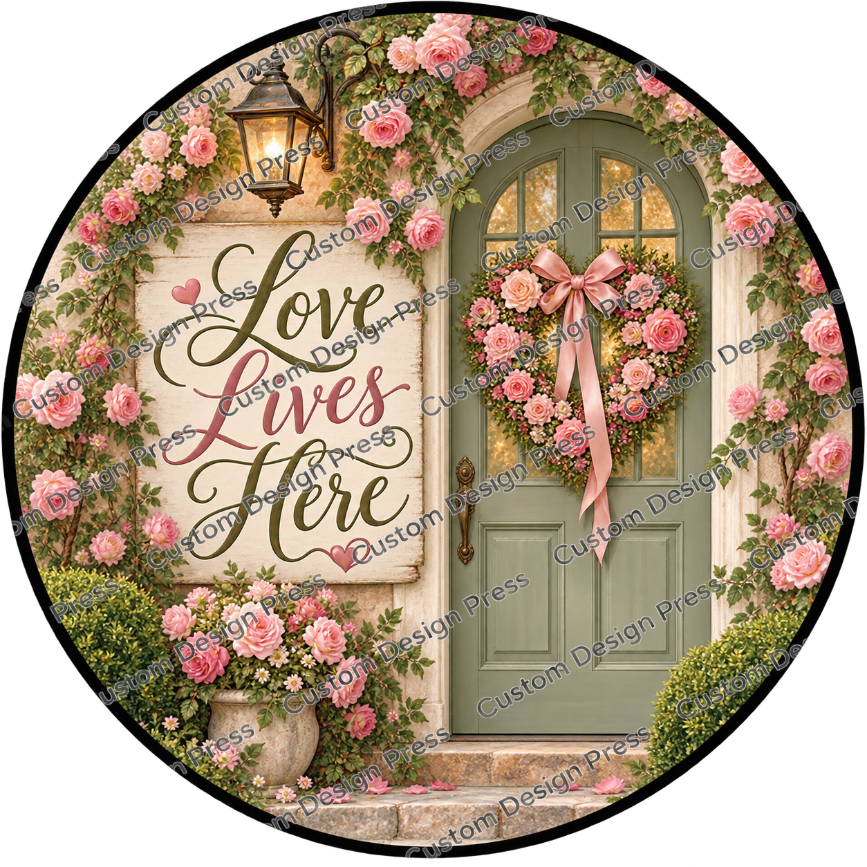 Love Lives Here Rose Heart Door Wreath Center Round