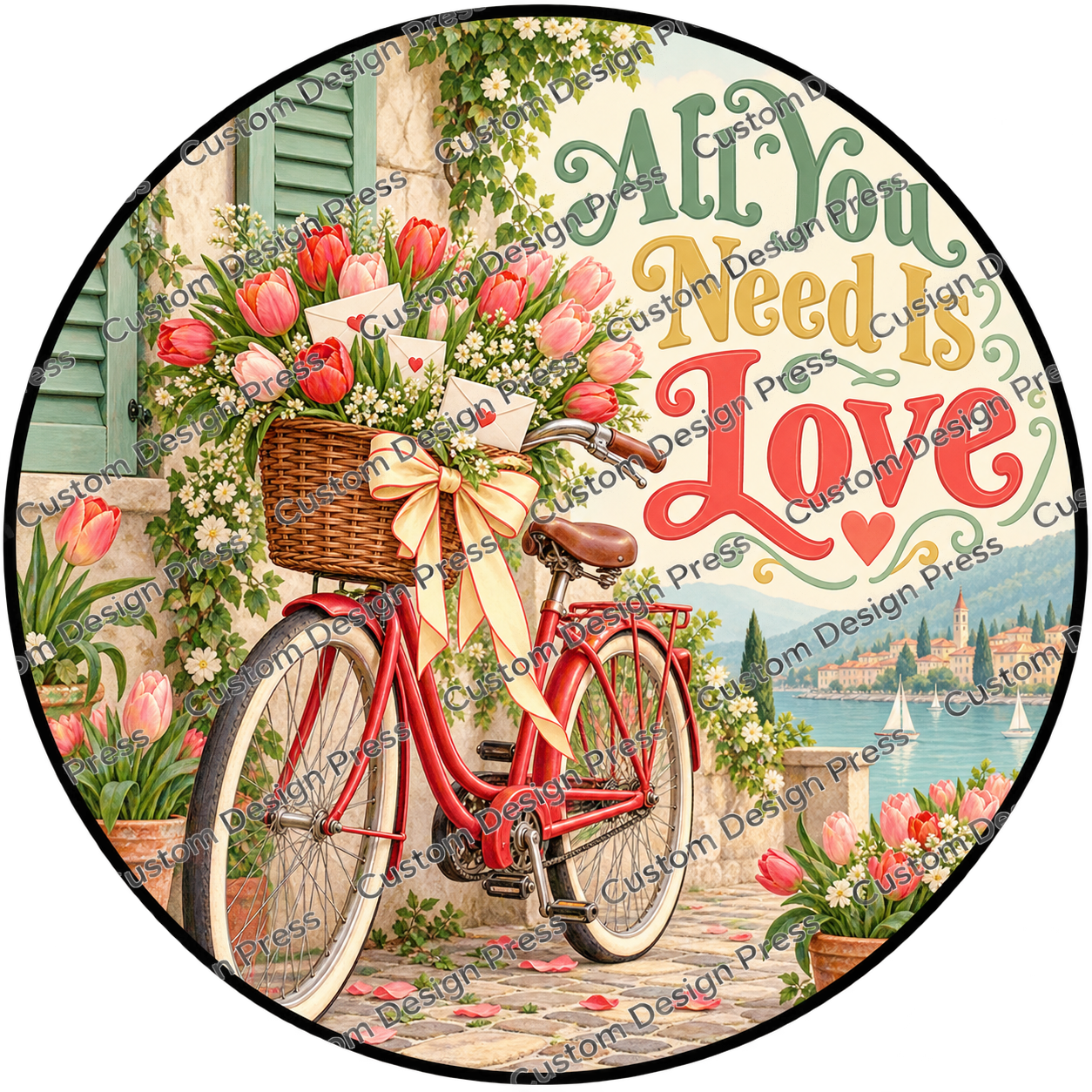 All You Need Is Love Red Bicycle Wreath Center Round
