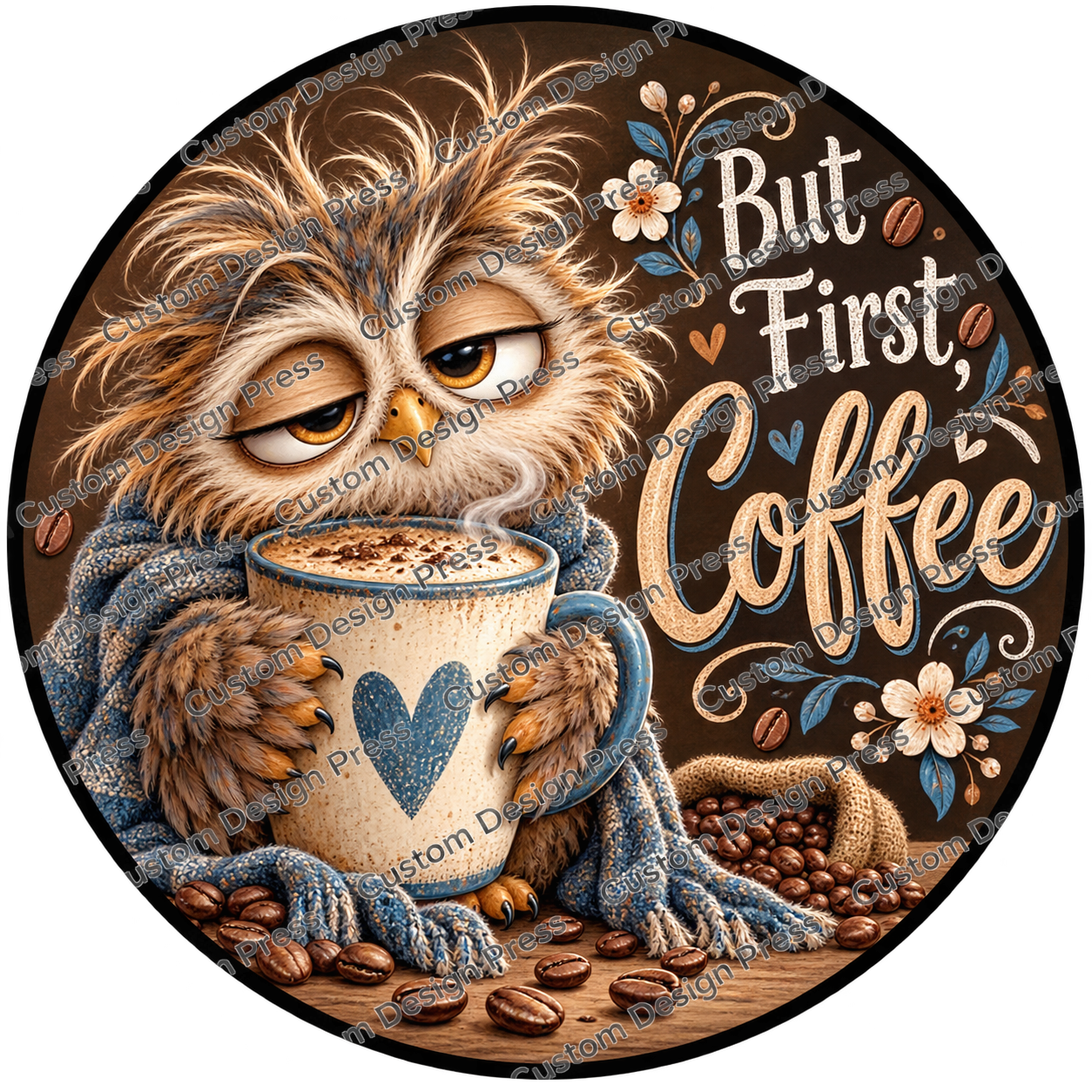 But First Coffee Sleepy Owl Wreath Center Round