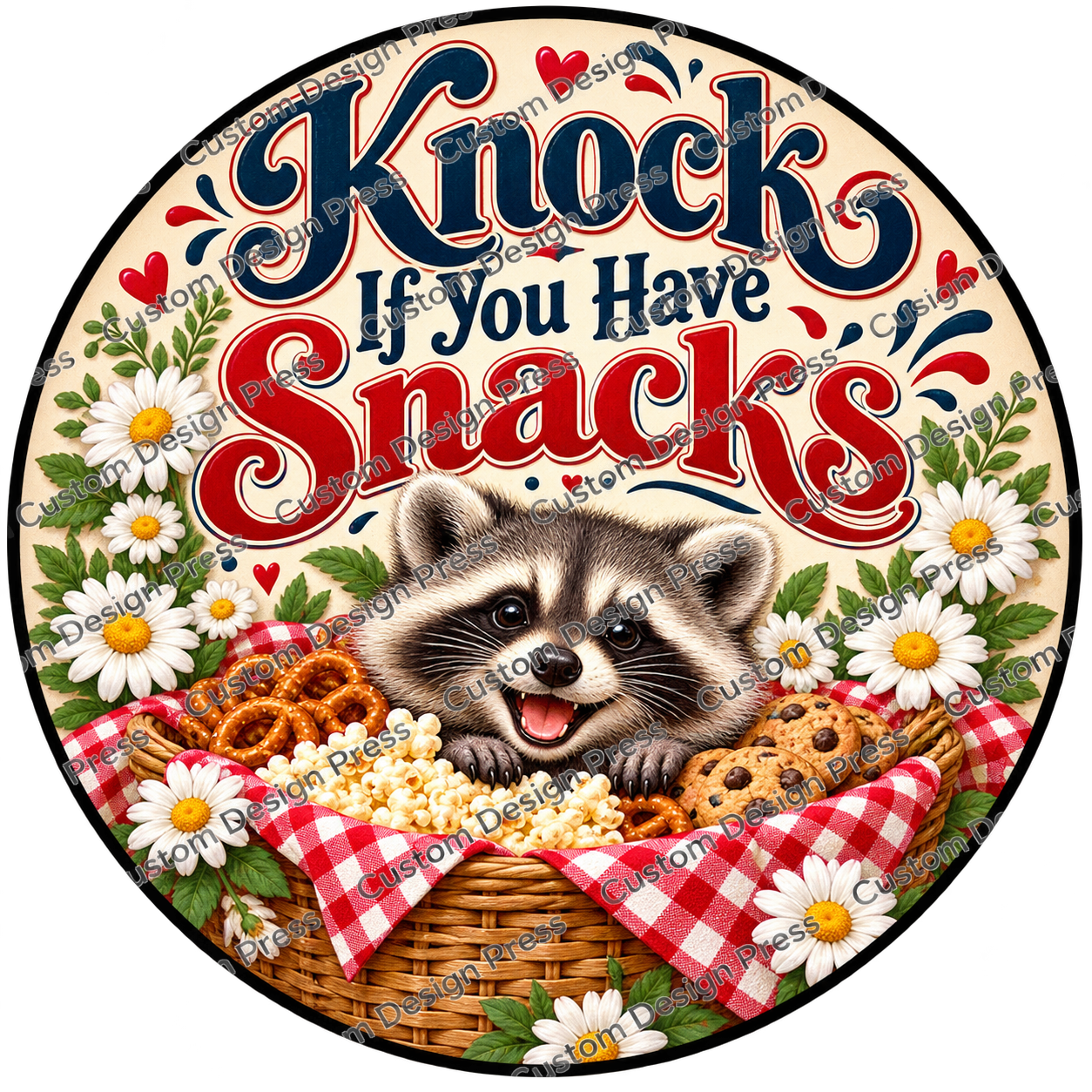 Knock If You Have Snacks Raccoon Wreath Center Round