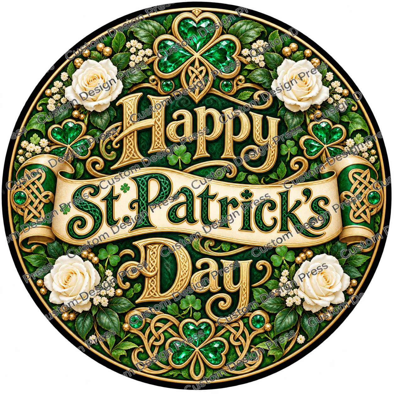 Happy St Patricks Day Gold Clover Wreath Center Round