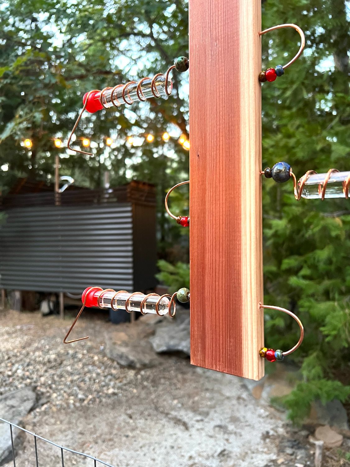 Test tube Hanging Hummingbird feeder, Redwood and Copper hummingbird feeder.