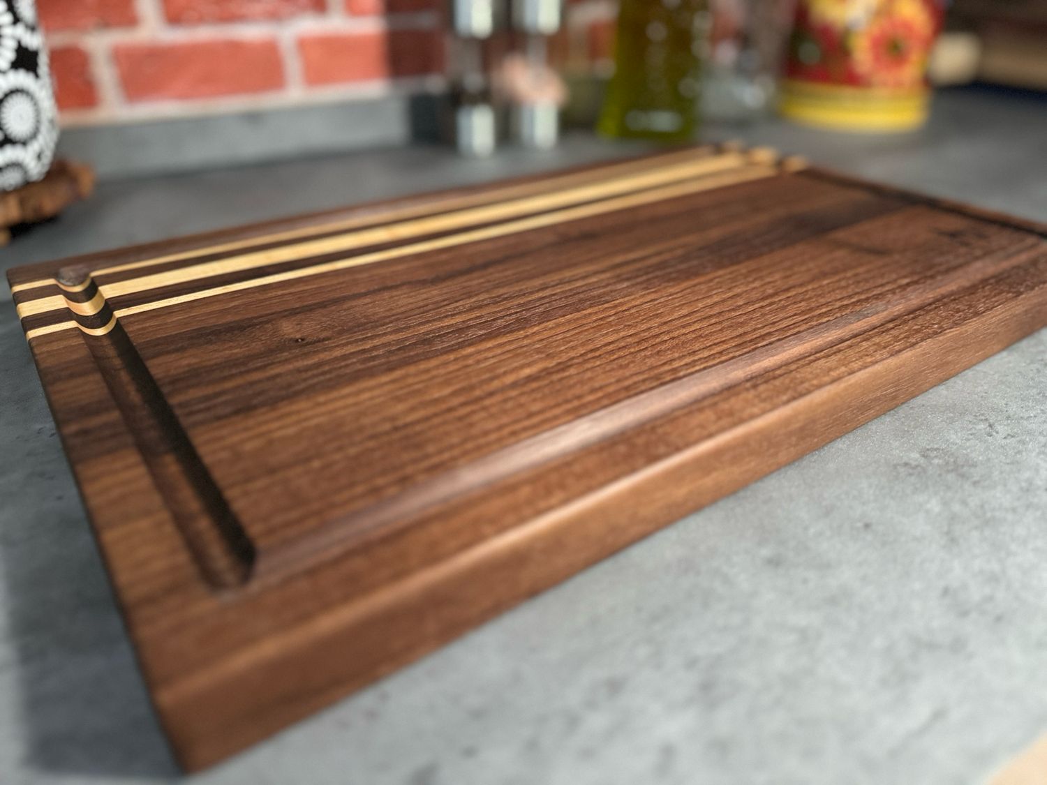 Black Walnut w Maple Stripes Edge Grain Juice Groove Board