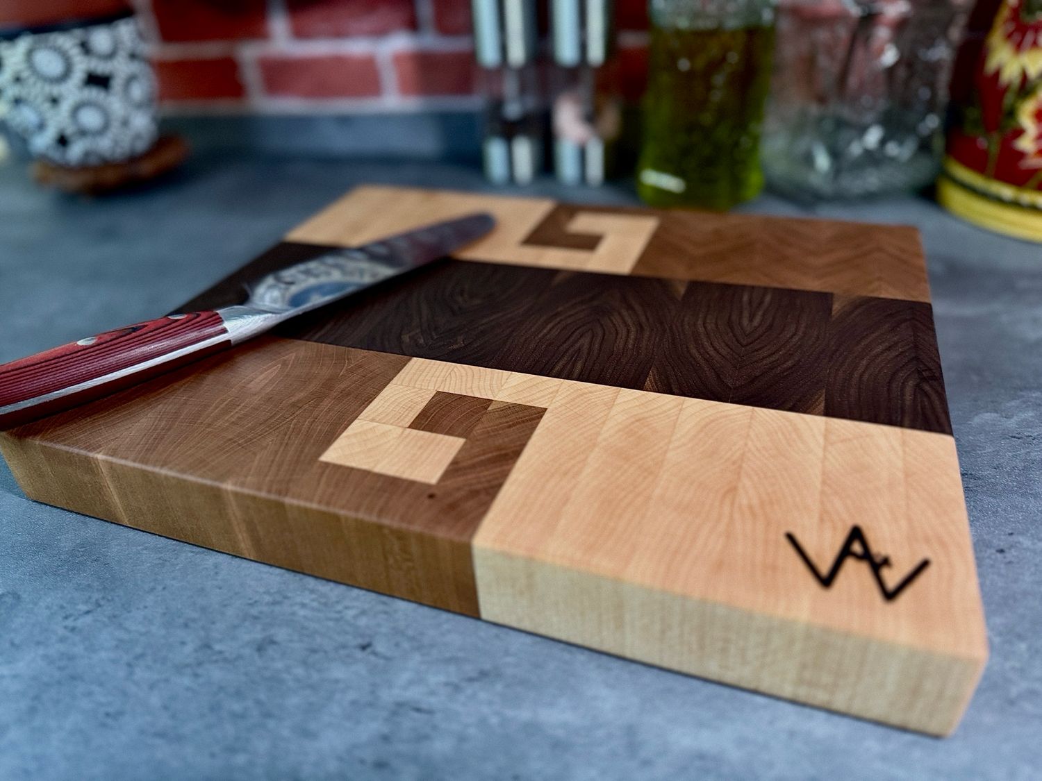 End Grain Cherry and Maple Hook Design w Black Walnut Center