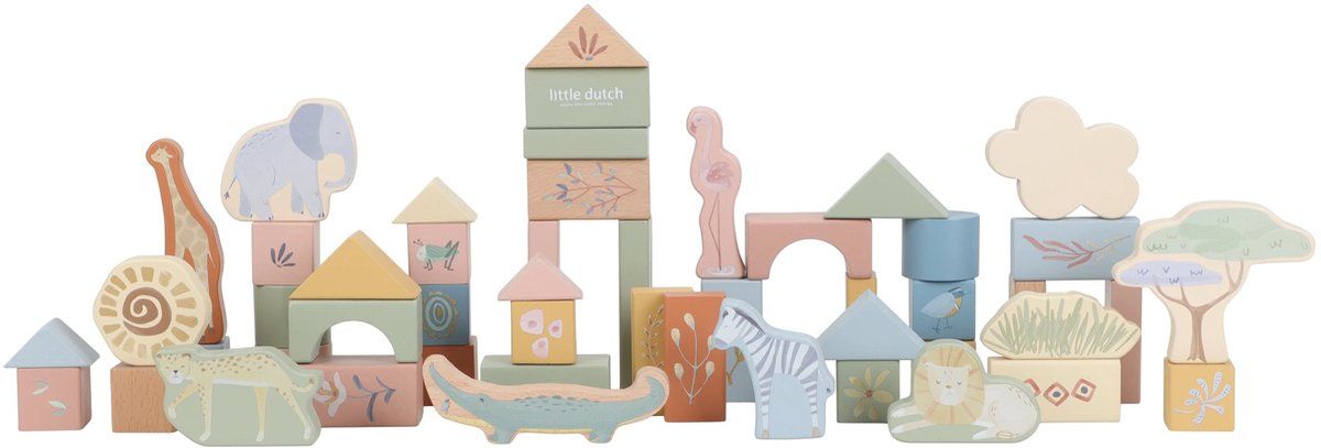Little Dutch Houten Bouwblokken - Safari Friends Green, white LD7445