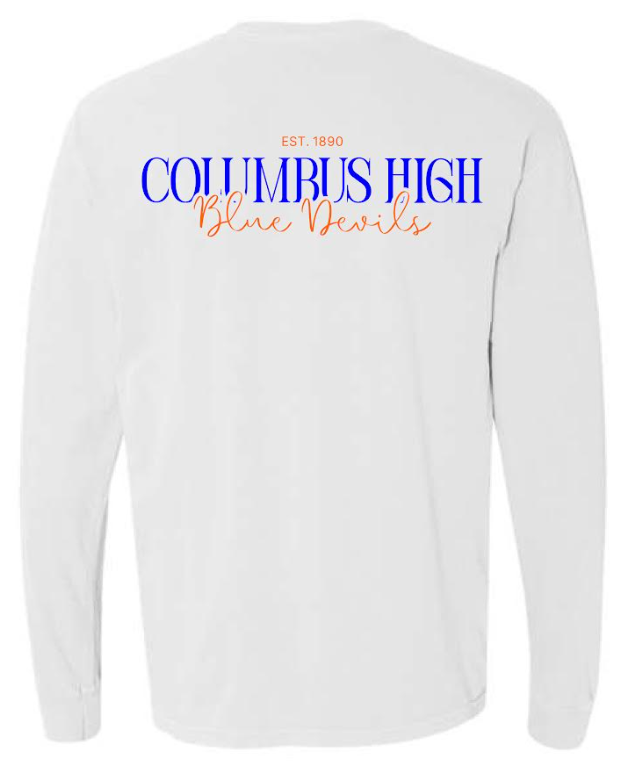 *Est. 1890 Columbus High Blue Devils on Back - Comfort Colors Long Sleeve T-Shirt