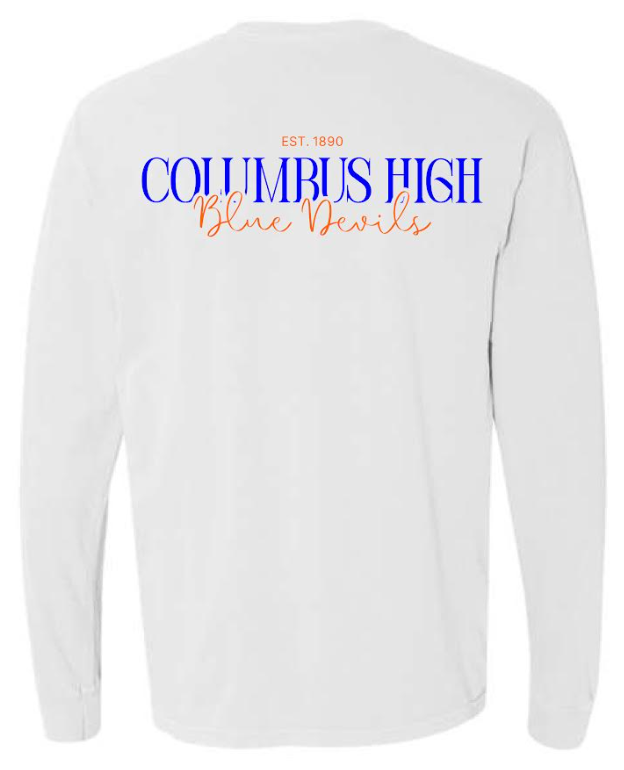 Est. 1890 Columbus High Blue Devils on Back - Comfort Colors Long Sleeve T-Shirt