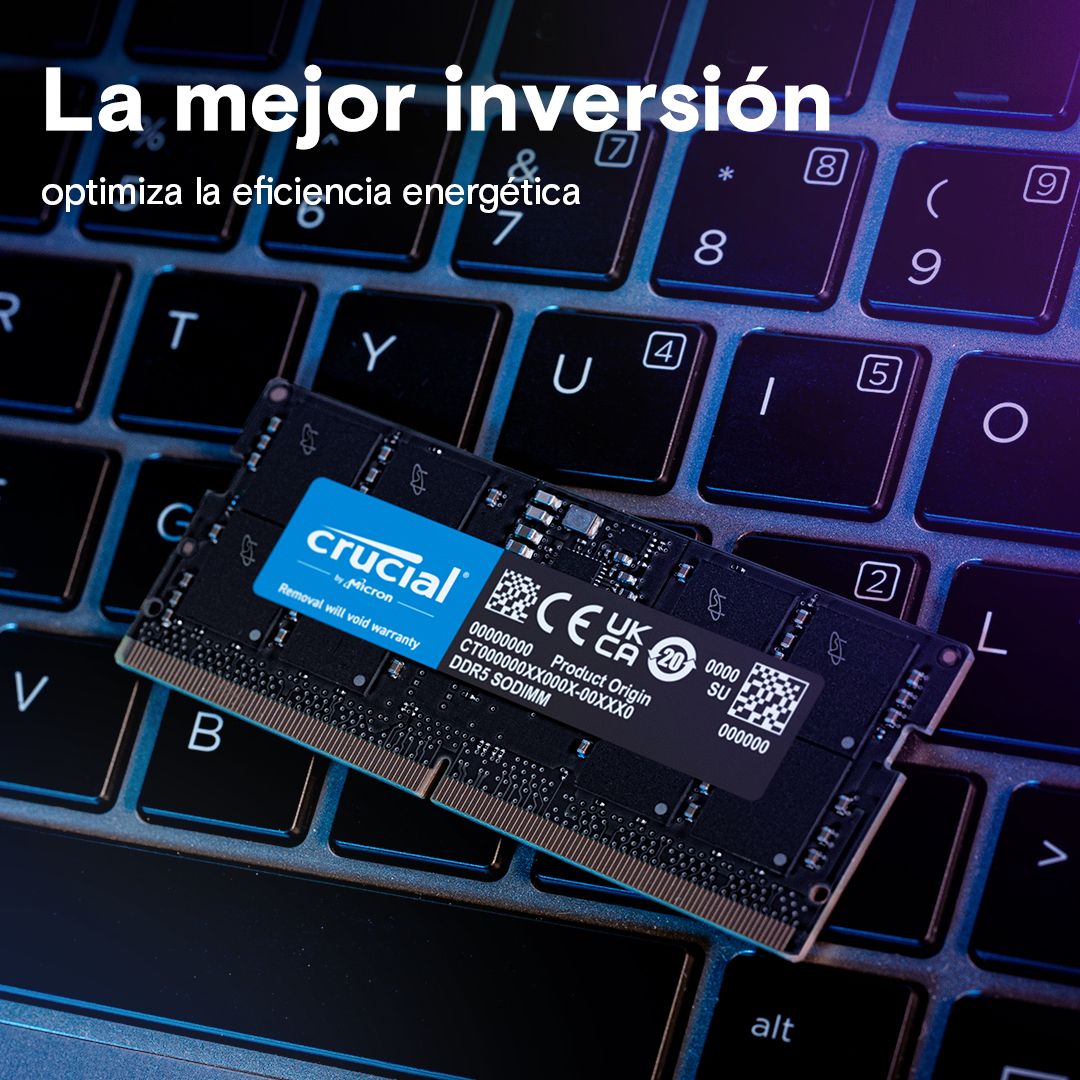 Memoria RAM DDR5 SODIMM Crucial 16GB 4800MHz – Rendimiento rápido para portátiles