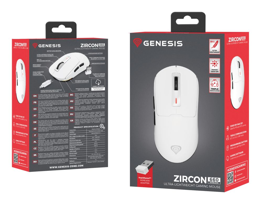 RATON GAMING GENESIS ZIRCON 660 WIRELESS/CABLE/BT 12000 DPI BLANCO ULTRALIVIANO
