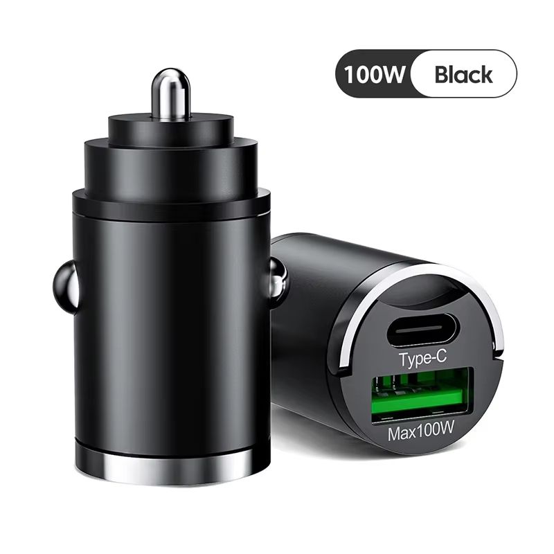 100W Mini Car Charger with PD &amp; QC3.0 – Dual USB Type-C Fast Charging Adapter for iPhone, Samsung, Huawei, Xiaomi &amp; More